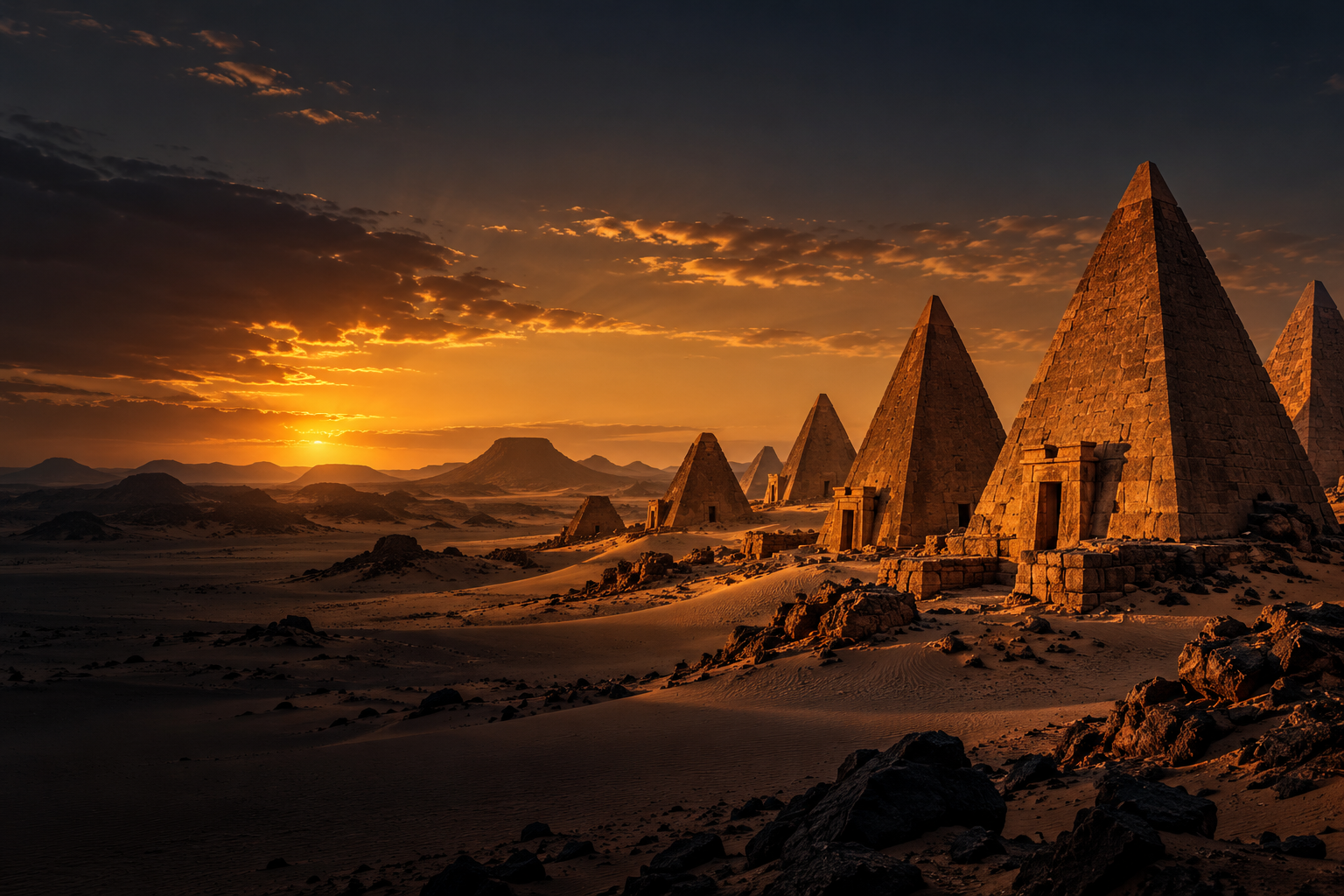 Artistic interpretation of steep Nubian pyramids in the Sudanese desert